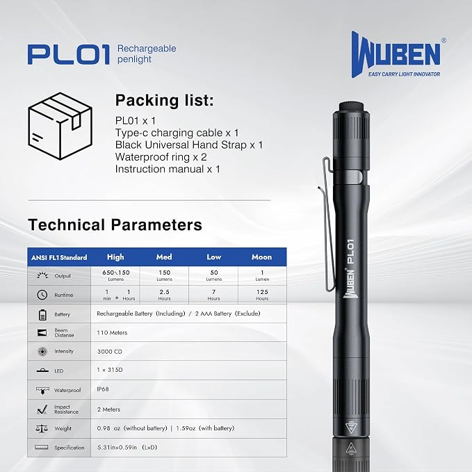 WUBEN PL01 Pen Light, 650 Lumens Pocket EDC Flashlight Rechargeable, Bright LED - Image 9