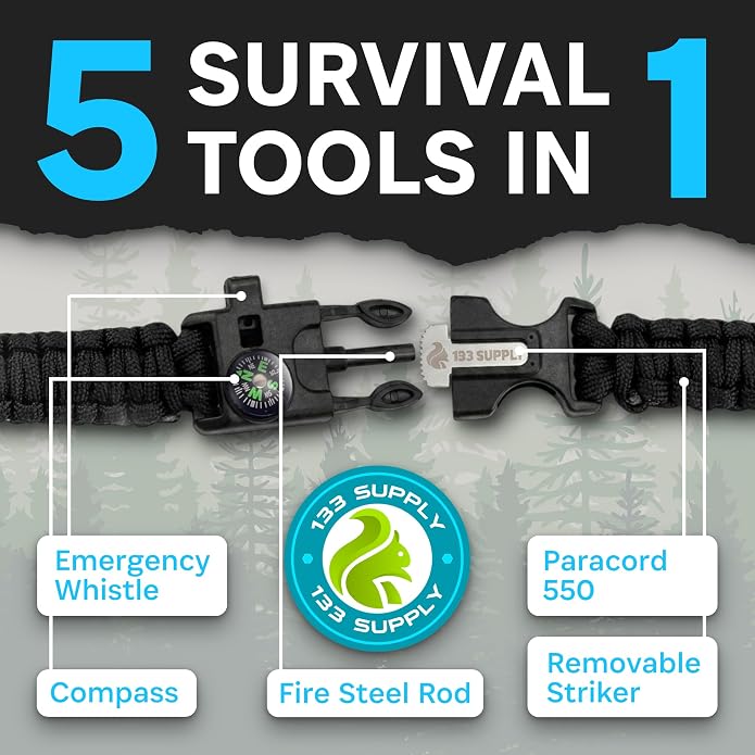 Paracord Bracelet Compass Hiking Survival Kit Emergency Whistle Fire Starter - Image 2