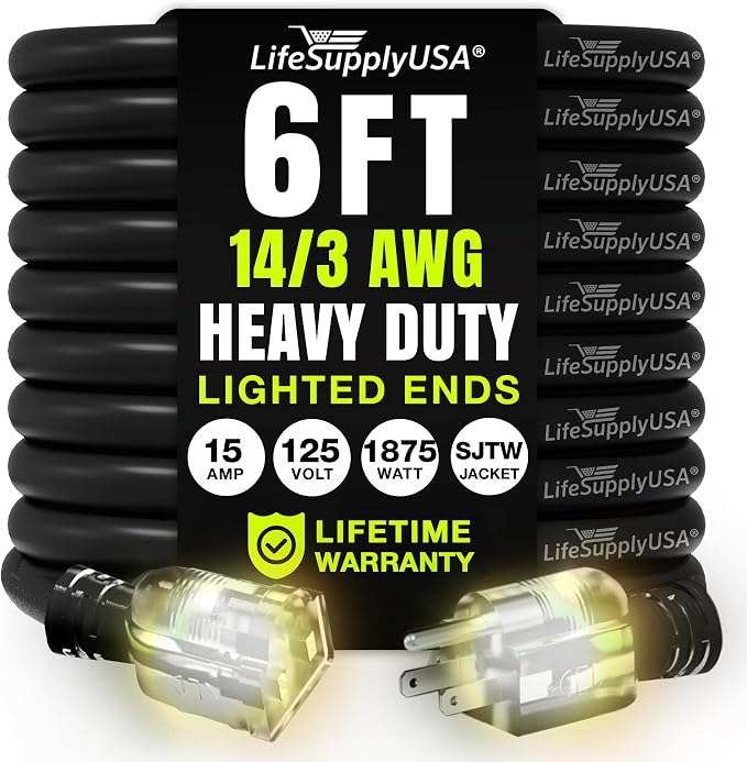 6ft Outdoor/Indoor Extension Cord 14/3 Gauge Heavy Duty 3 Prong SJTW, Waterproof by LifeSupplyUSA