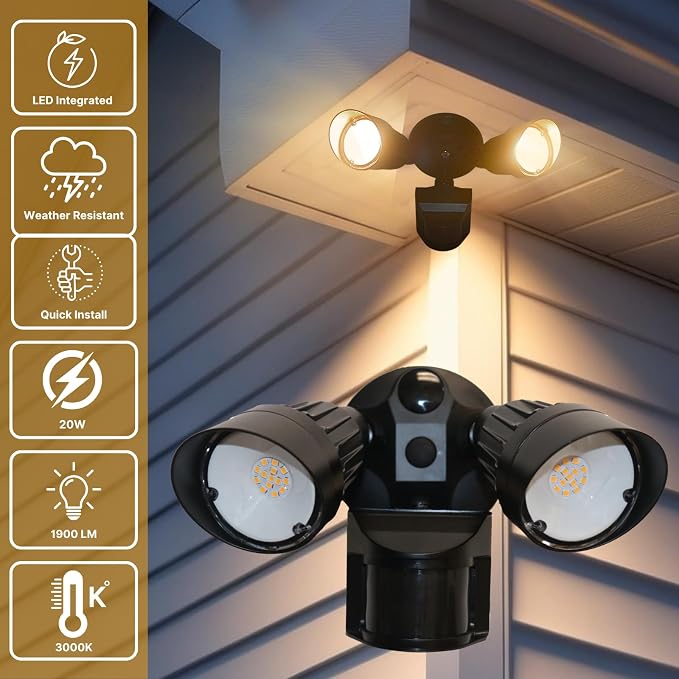 LED Black Motion Sensor 2-Light Bullet Flood Light- 3000K Adjustable Dual Head - Image 2