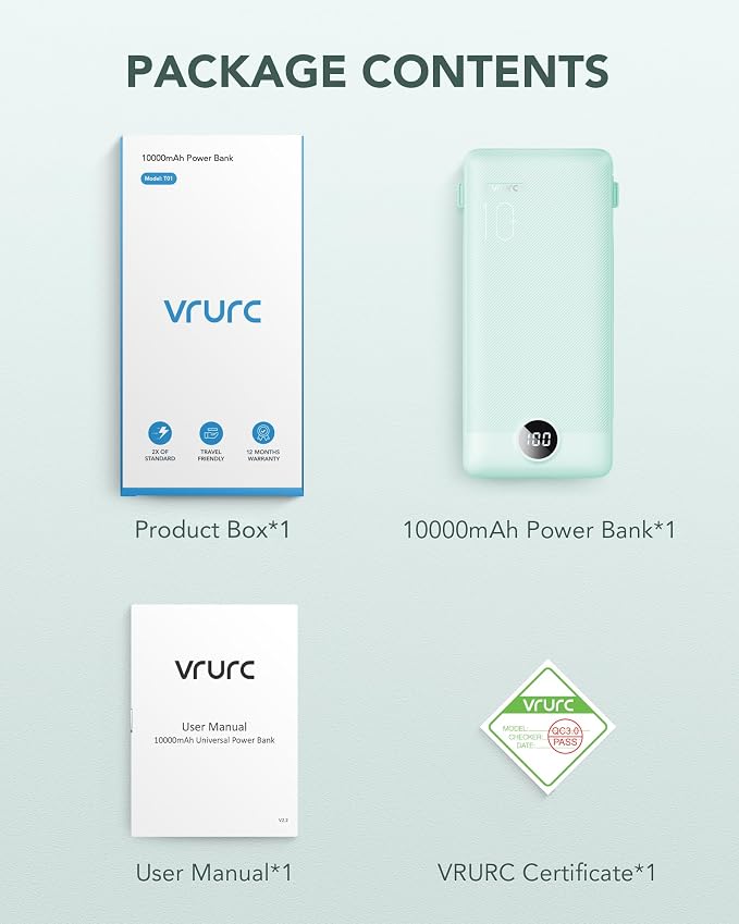 VRURC Portable Charger Built-in Cables and AC Wall Plug, USB C Power Bank - Image 8