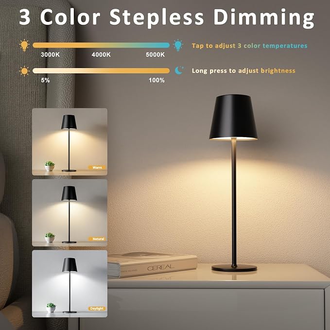 Kakanuo Cordless Table Lamp, 3 Color Stepless Dimming, 5000mAh Rechargeable - Image 2