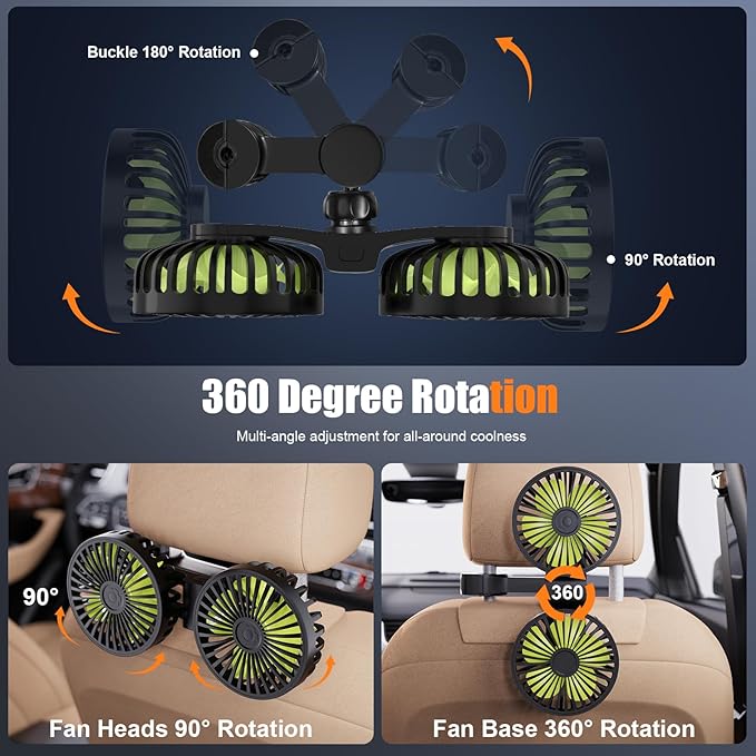 Hayousui USB Car Cooling Fans for Backseat: Dual Head Car Fan for Kids 3 Speeds - Image 4
