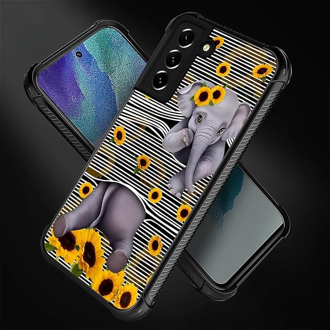 for Samsung Galaxy S21 FE Case, Cute Little Elephant Sunflower White Line Art - Image 2