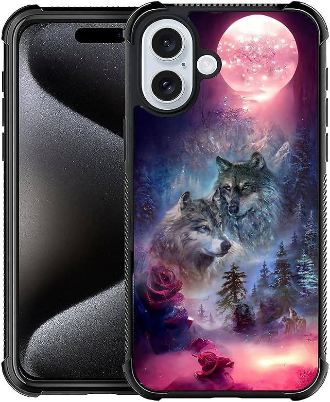 for iPhone 16 Case, Star Two Wolfs Howling Pattern Graphic Design Girl Boy Soft by FKBRCL4U