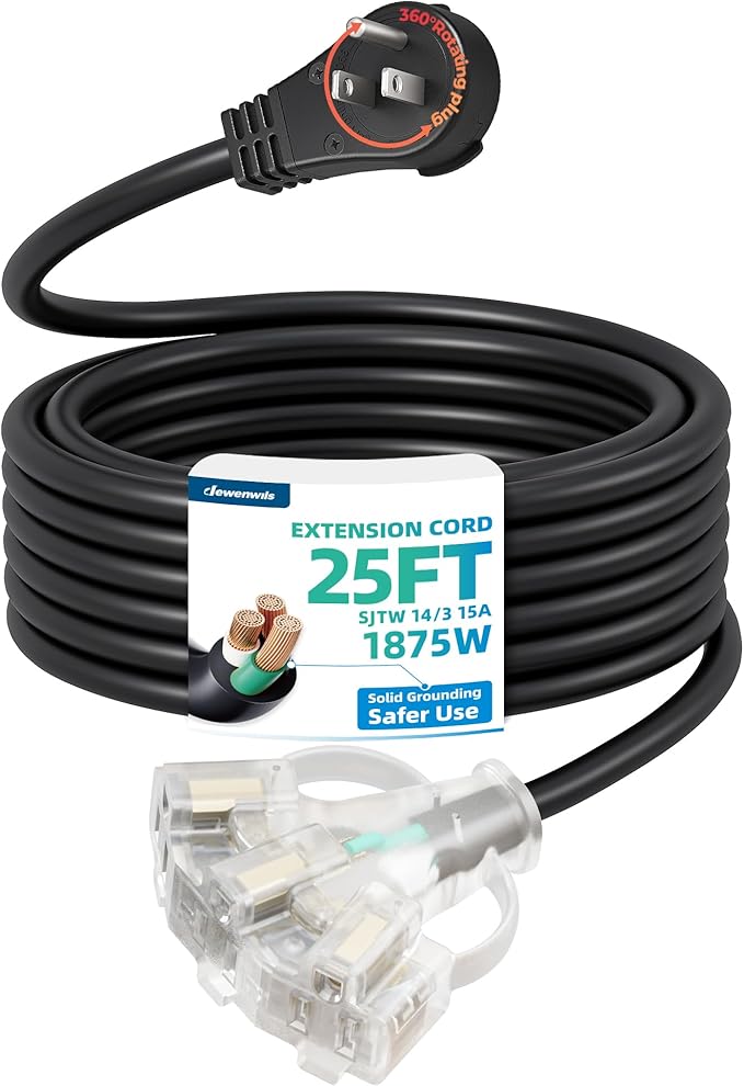 DEWENWILS 360° Rotating Flat Plug Outdoor Extension Cord 25FT, 14/3 SJTW Heavy by DEWENWILS