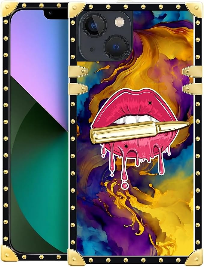 Compatible with iPhone 13 Case, Cool Corlorful Lip Marble Luxury Golden by Unknown