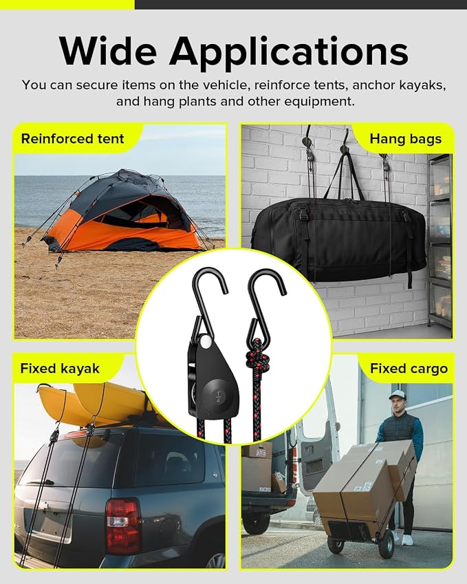 1/4" Ratchet Tie Down Straps, Heavy Duty Kayak Pulley System - Image 8