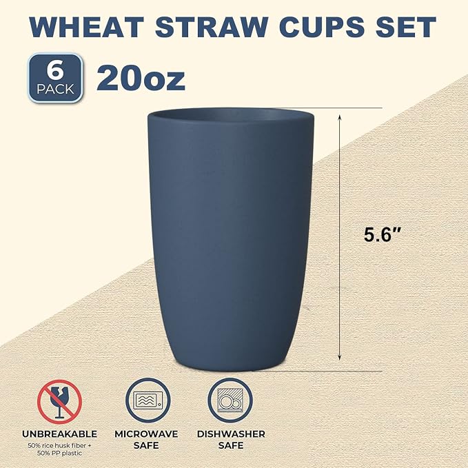 Wrova Wheat Straw Cups 6 PCS Good Alternative to Plastic Reusable Cups 20 oz - Image 2