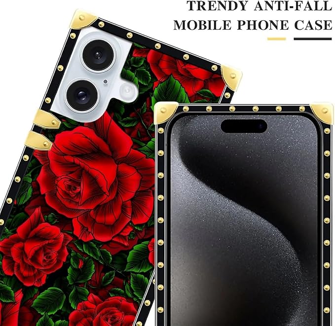 Compatible with iPhone 16 Case, Vector Red Rose Green Leaf Luxury Golden - Image 4