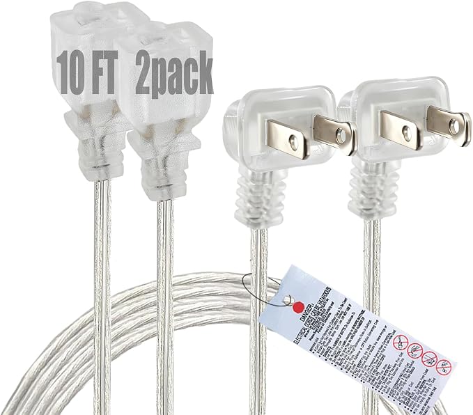Clear Extension Cord 10 FT 2 Pack, Indoor Thin 2 Prong Extension Cord by Yeatel