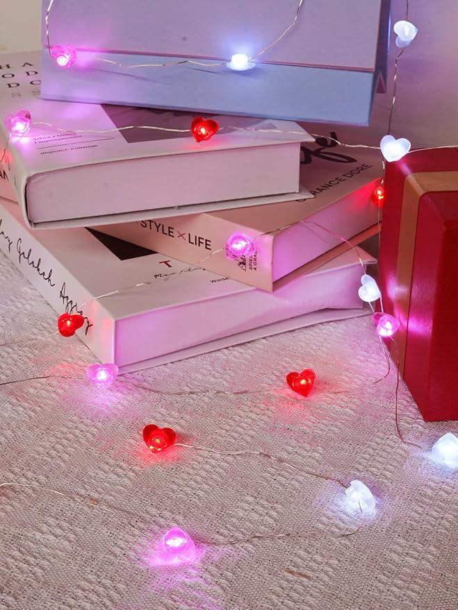 Red Pink White Heart Fairy Lights Battery Operated - Image 3