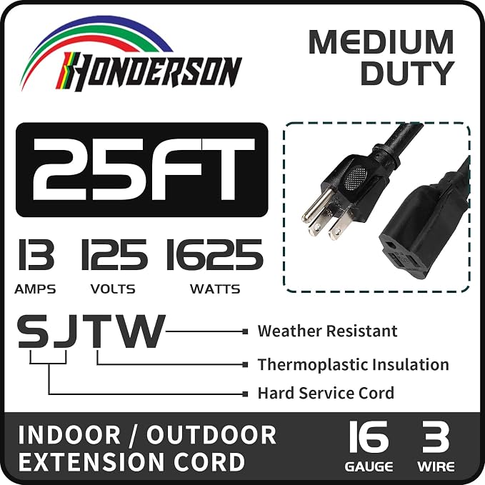 25FT Outdoor Extension Cord-16/3 SJTW Durable Black Extension Cable - Image 2