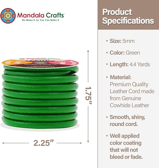 Mandala Crafts Round Genuine Green Leather Cord - Image 4