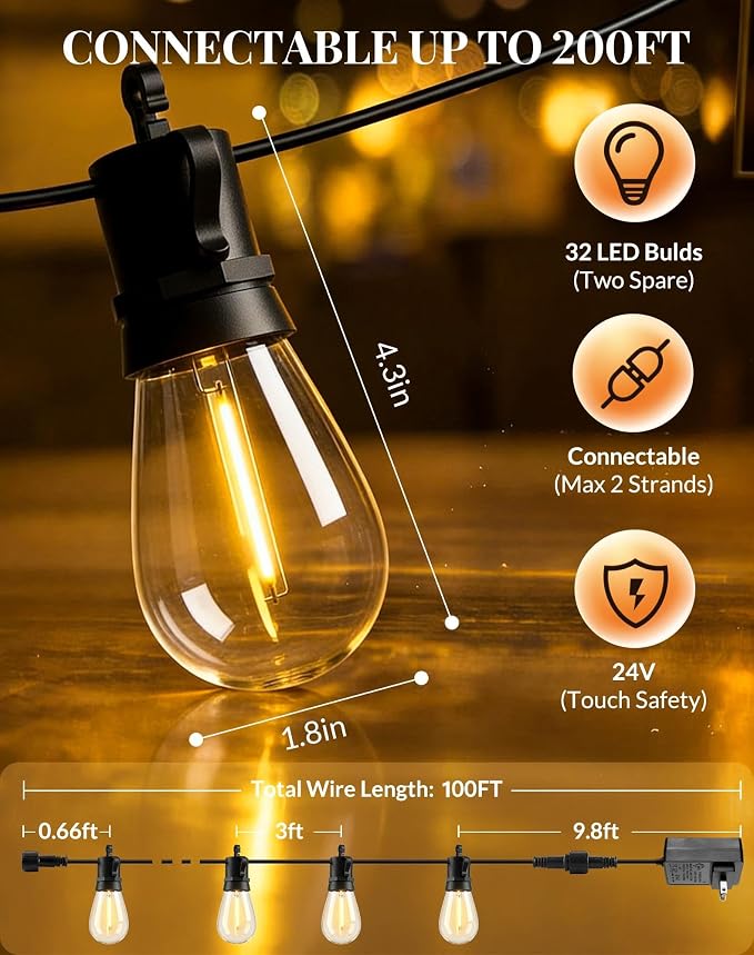 Outdoor String Lights LED Patio-Light - 100Ft Outside Waterproof Dimmable Porch - Image 6