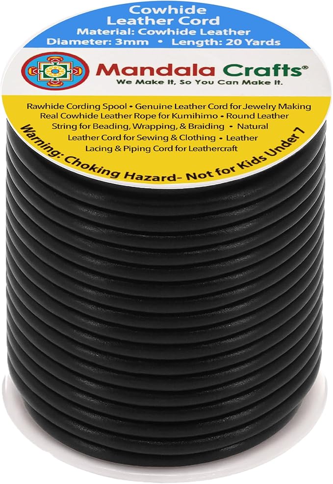 Mandala Crafts Round Cowhide Genuine Black Leather Cord - Image 2