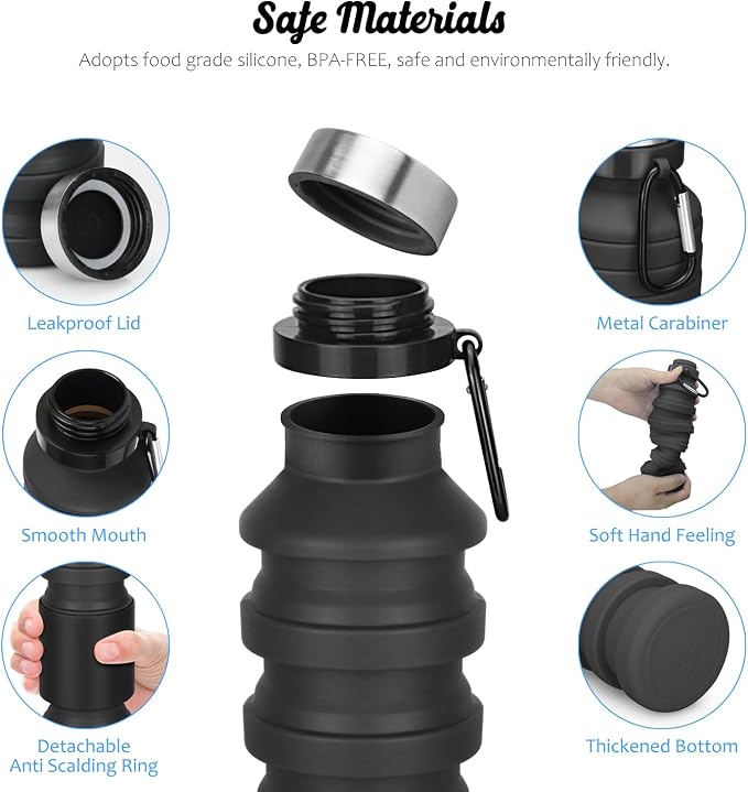 Nefeeko Collapsible Water Bottle, Reuseable BPA Free Silicone Foldable Water - Image 3
