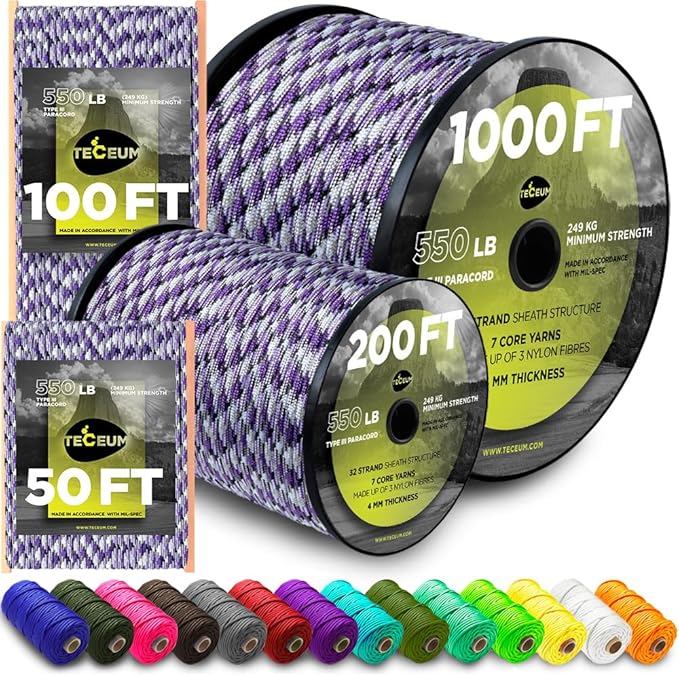 TECEUM 5/32" Paracord Rope 1000 – 1000ft / 200ft / 100ft / 50ft – Tactical by TECEUM