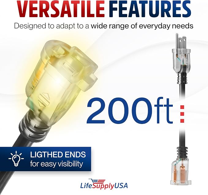 200ft Outdoor/Indoor Extension Cord 10/3 Gauge Ultra Heavy Duty 3 Prong SJTW - Image 6
