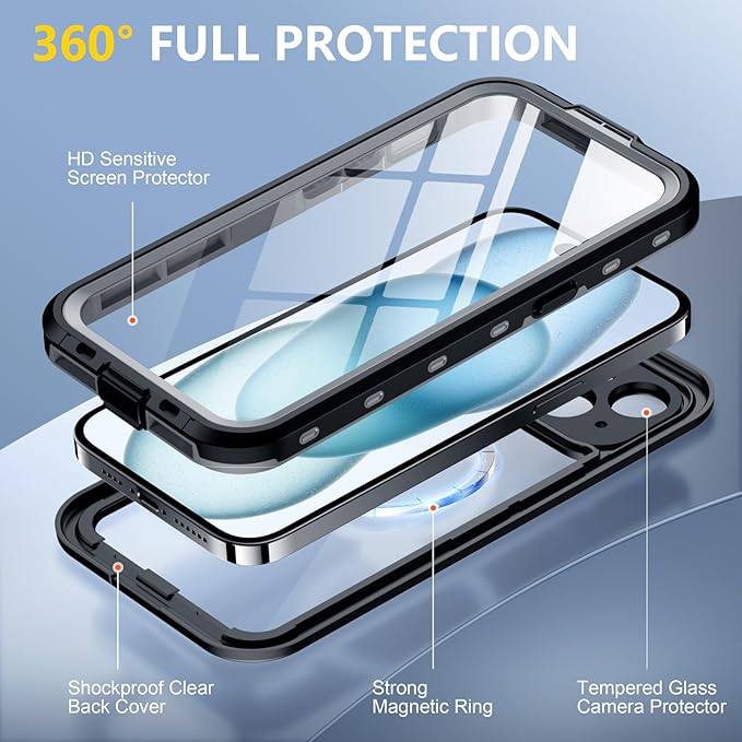 Red2Fire for iPhone 15 Case Waterproof, Phone Case 6.1" Black/Clear - Image 5