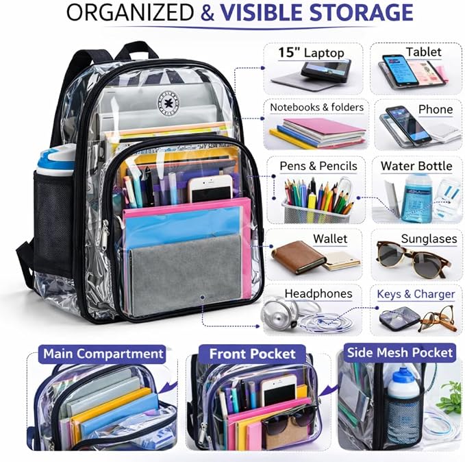 K-Cliffs Large Transparent Backpack Clear Heavy Duty School Bag Durable Student - Image 7