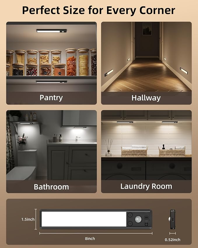 EZVALO 8" Under Cabinet Lighting, 2400mAh USB-C Rechargeable Motion Sensor Light - Image 7