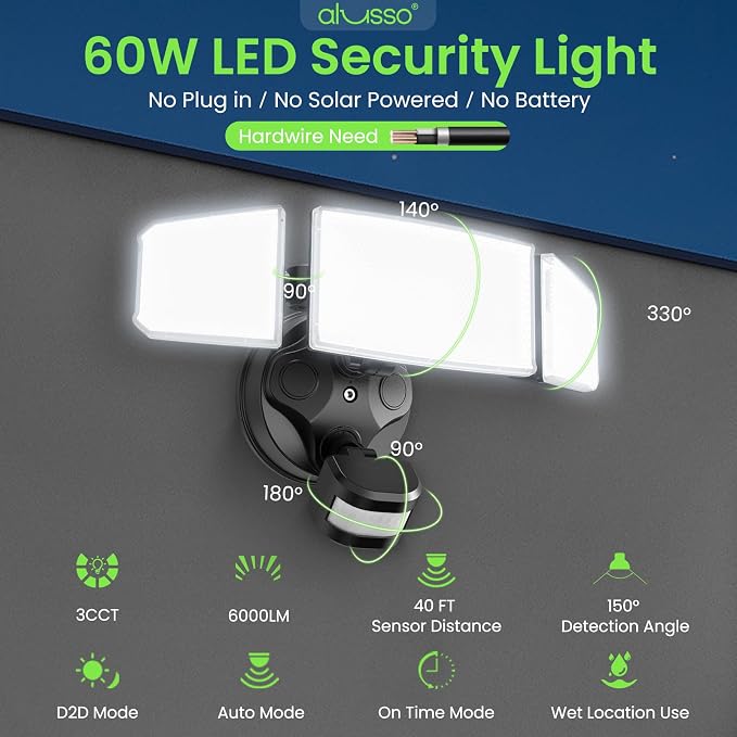 ALUSSO Motion Sensor Outdoor Lights Hardwired, Flood Lights Outdoor 120V - Image 2