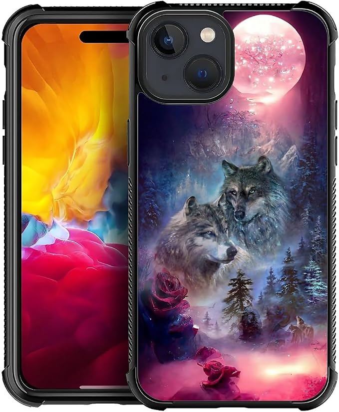 for iPhone 15 Case, Star Two Wolfs Howling Pattern Graphic Design Girl Boy Soft by FKBRCL4U