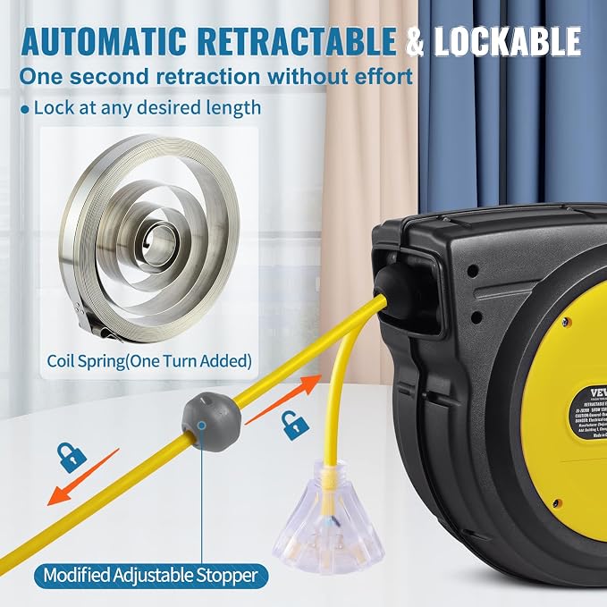 VEVOR 80FT Retractable Extension Cord Reel, 12AWG/3C SJTOW Heavy Duty Power - Image 5