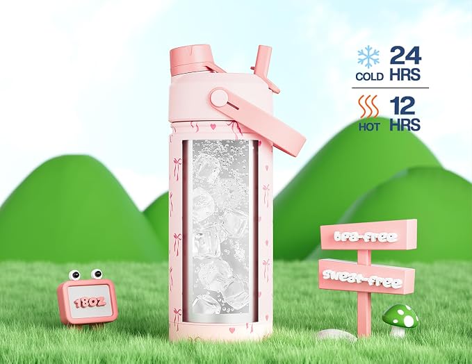 18 oz Insulated Water Bottle for Teens Girls: 2-in-1 Straw Spout Lid, Easy Carry - Image 5