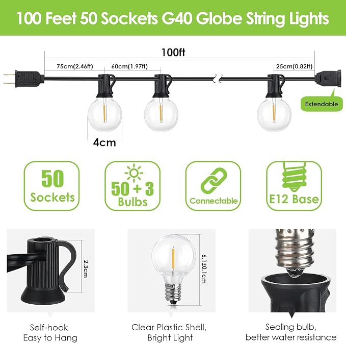 Mlambert 100Ft LED Outdoor String Lights, Dimmable Patio Lights, Waterproof - Image 5