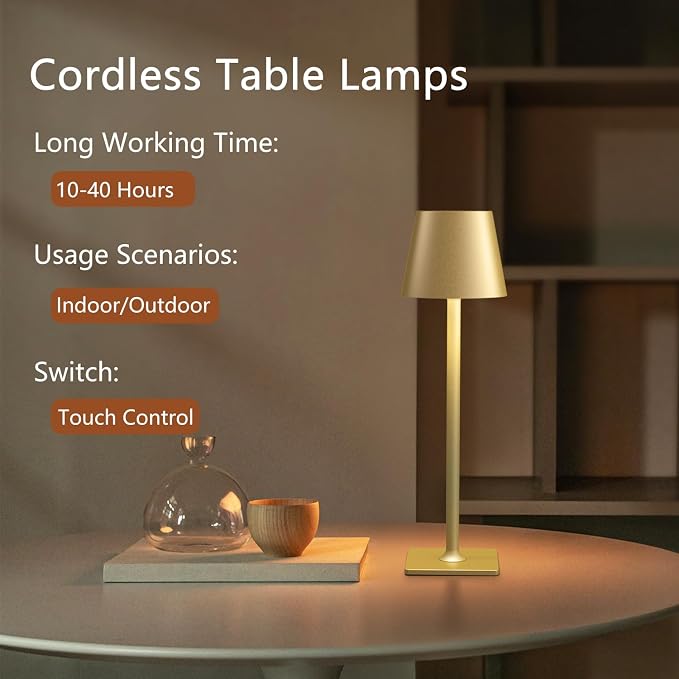 4 Pack Gold Cordless Table Lamps - Image 3