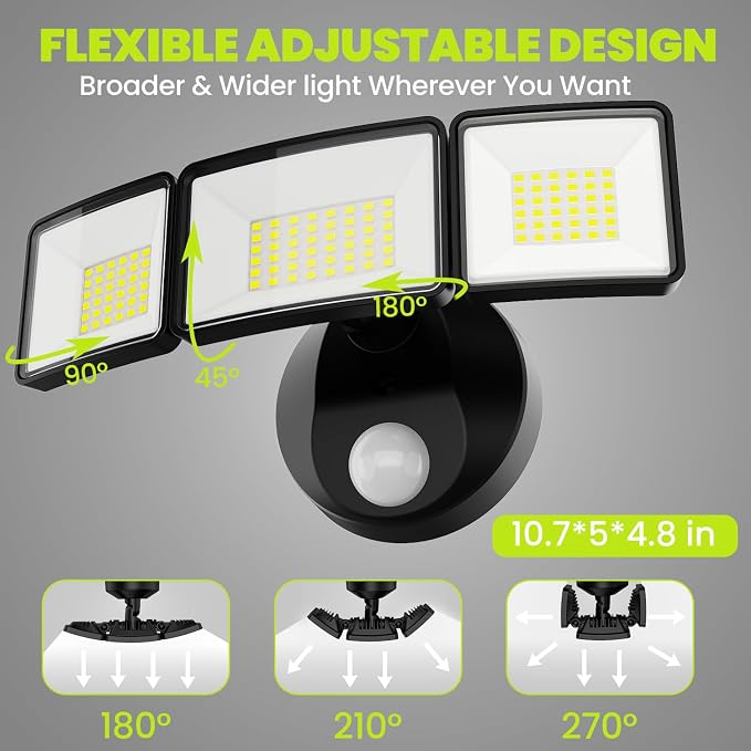 7500LM LED Security Light Motion Sensor Outdoor Lights, Adjustable 3 Head - Image 5