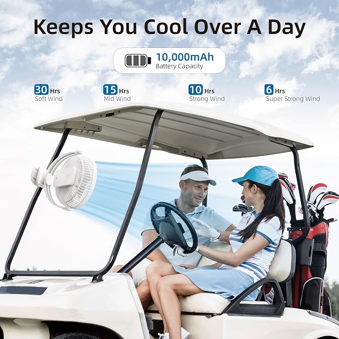 10000mAh 30hrs Rechargeable Clip on Fan, 8 Inch Battery Operated Fan Portable - Image 2