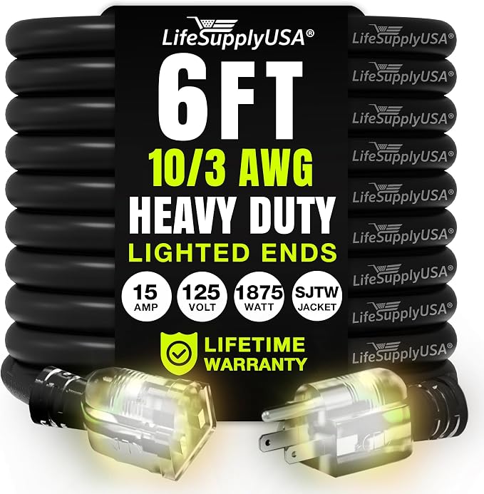 6ft Outdoor/Indoor Extension Cord 10/3 Gauge Ultra Heavy Duty 3 Prong SJTW by LifeSupplyUSA