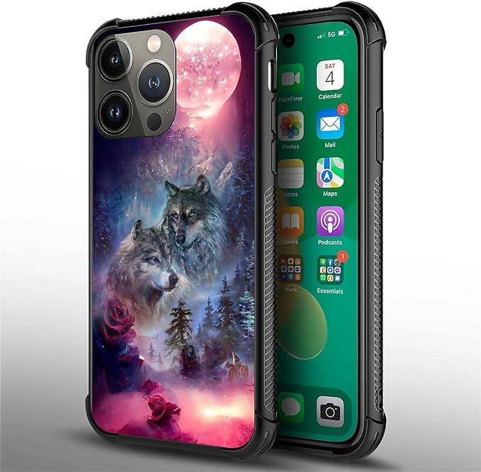 for iPhone 13 Pro Max Case, Star Two Wolfs Howling Pattern Graphic Design Girl - Image 2