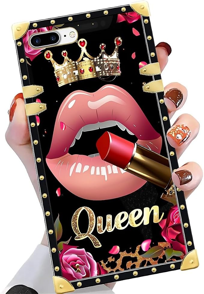 Compatible with iPhone 8 7 SE Case, Glitter Red Rose Queen Leopard Lipstick - Image 3