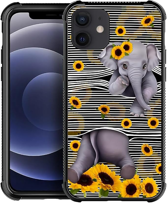 for iPhone 12 Mini Case, Cute Little Elephant Sunflower White Line Art Pattern by FKBRCL4U