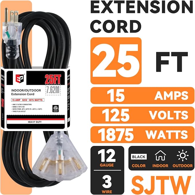 EP 25 Ft 12 Gauge Heavy Duty Extension Cord, 15A 125V 1875W, 3 Outlet - Image 2