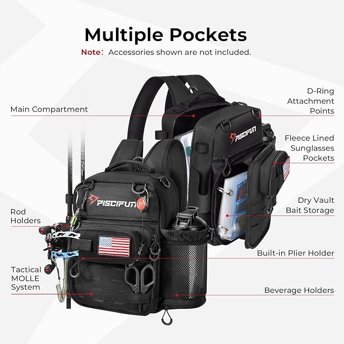 Piscifun Fishing Tackle Backpack, Convertible Sling or Waist Pack, 16-Pocket - Image 4