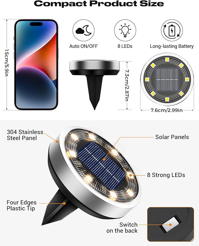 btfarm 16 Pack Solar Lights Outdoor, 8 LED Solar Ground Lights IP65 Waterproof - Image 6