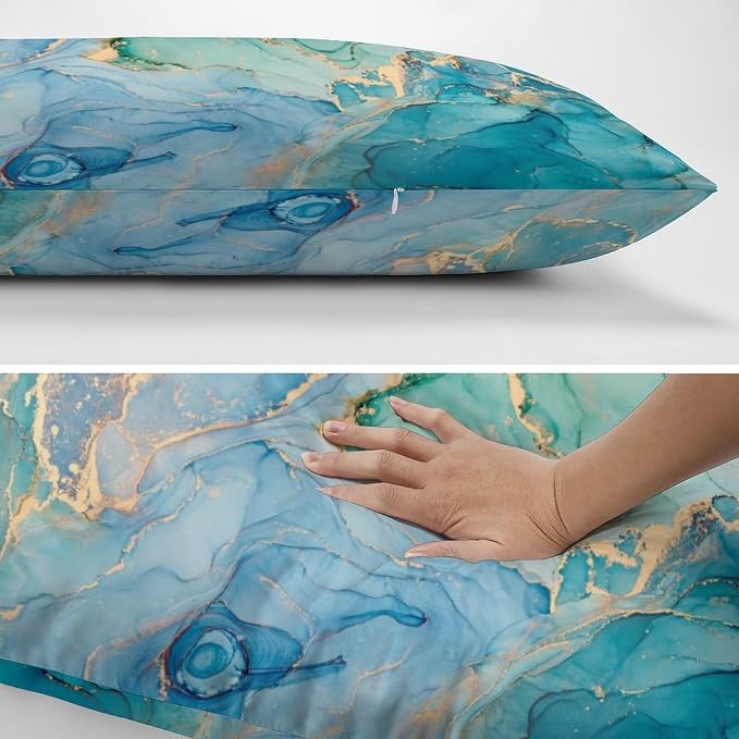 Teal Marble Throw Pillow Covers Set of 2 Queen Size Turquoise Blue Gold Natural - Image 5