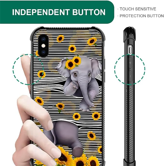 for iPhone Xs Max Case, Cute Little Elephant Sunflower White Line Art Pattern - Image 5