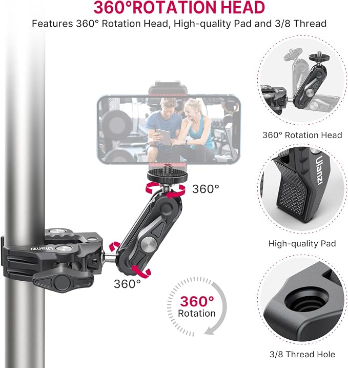 ULANZI Super Clamp Camera Clamp Mount Monitor 360° Ballhead Magic Arm Double - Image 2
