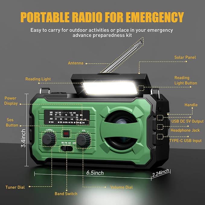 Hand Crank Emergency Radio, 10000mAh Weather Radio - Image 8