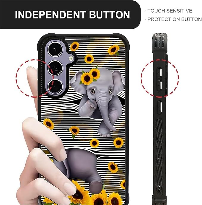 for Samsung Galaxy S24 S25 Case, Cute Little Elephant Sunflower White Line Art - Image 6