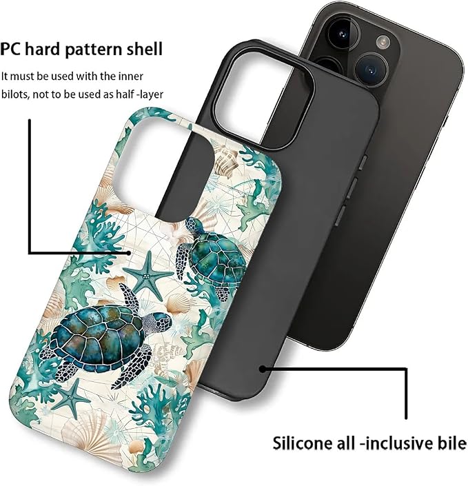 for iPhone 16 Pro Case, HH2 Ocean Sea Turtle Nautical Map Hybrid 2 Layer Hard - Image 3
