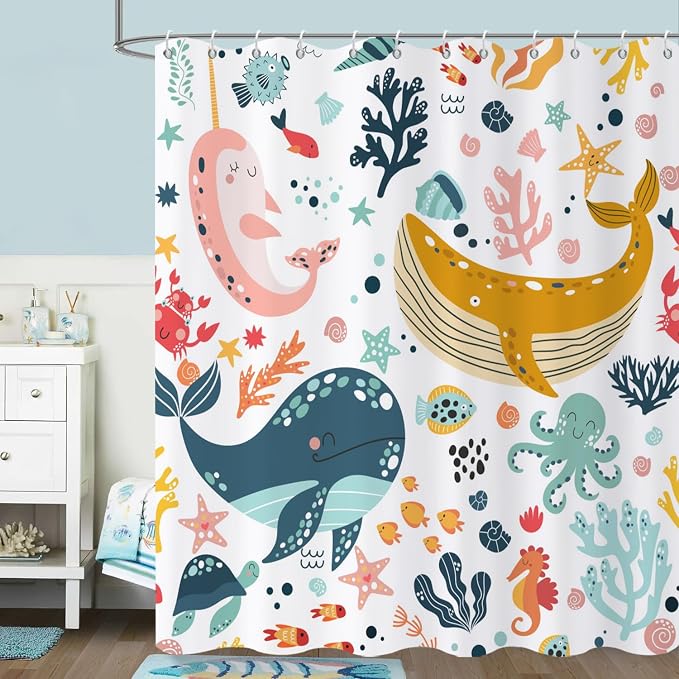 Kids Whale Shower Curtain, Funny Cute Ocean Fish Cartoon Sealife Under Sea - Image 3