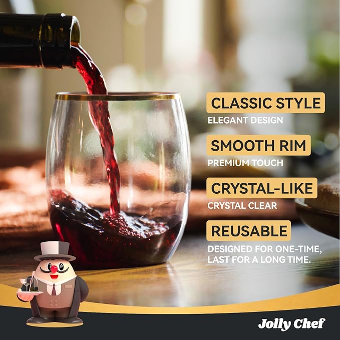 JOLLY CHEF 32 Pack 12oz Gold Plastic Wine Glasses Stemless, Disposable Wine - Image 4