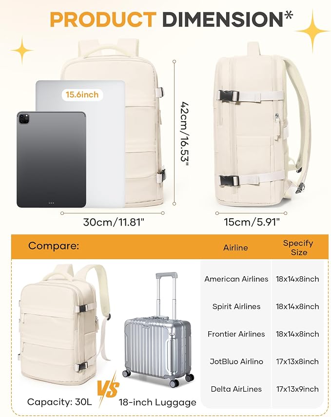 coofay Beige Travel Backpack For Women Men Airline Approved Personal Item Carry - Image 3